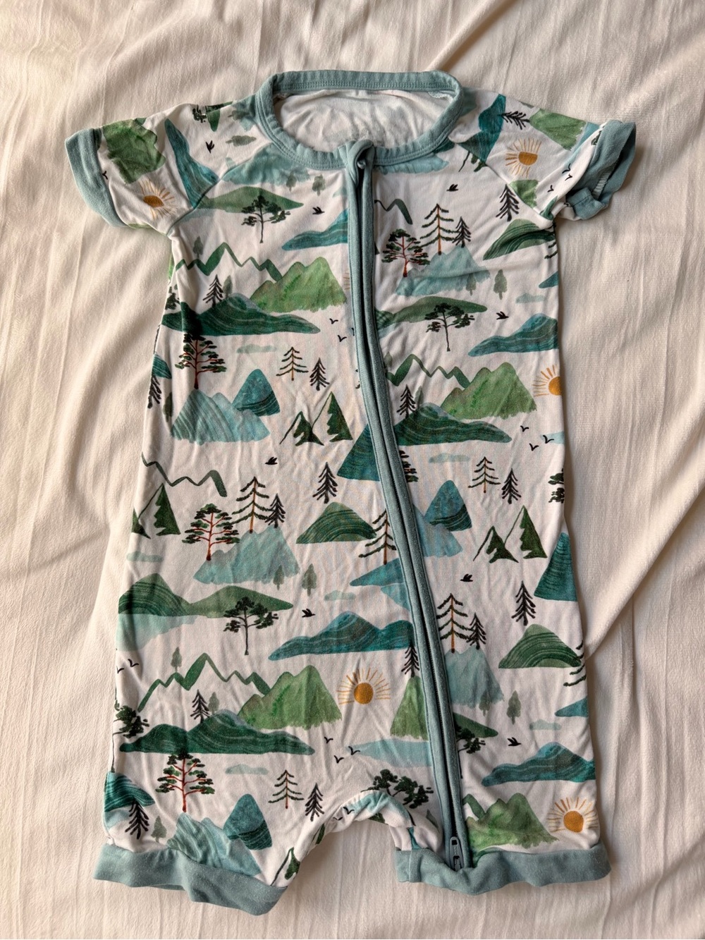 Little Sleepies Mountain Print Short-Sleeve Pajama Romper - Green & Blue